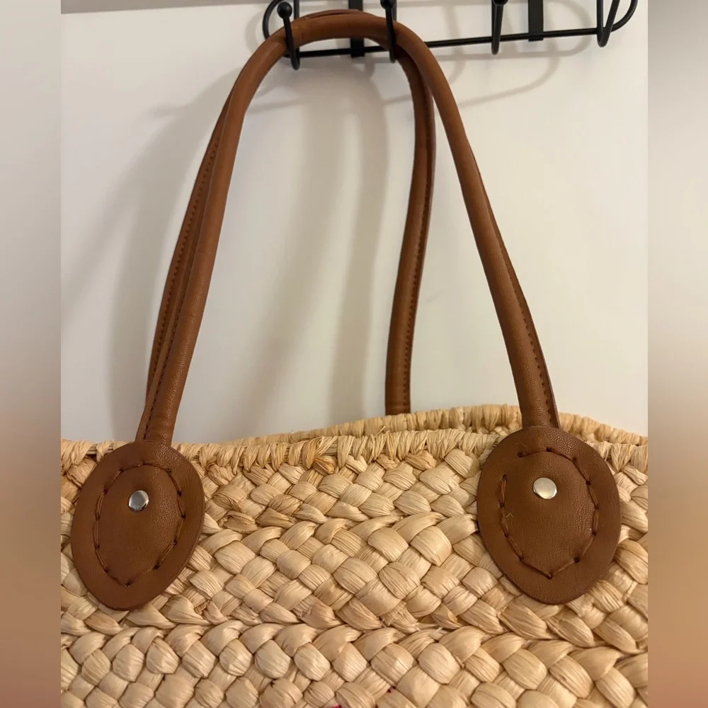 Womens Bonjour Handwoven Straw Tote Handbag Summer Beach Bag with Handles - Picture 4 of 5